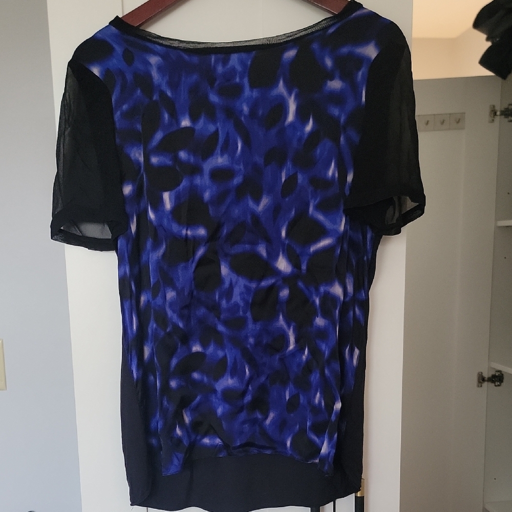 Graphic Blue and Black Silk Short Sleeve Blouse